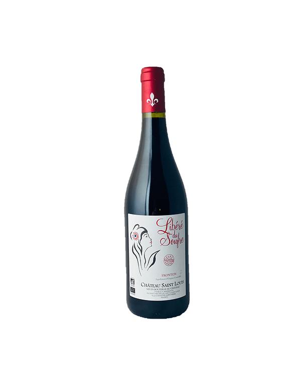 Flasche mit natürlichem Wein Libéré du Soufre, AOC FRONTON, perfekt ausgewogen mit Noten von Waldfrüchten und einem Hauch von Blumen, aus einem Weinberg, der biologisch bewirtschaftet wird.